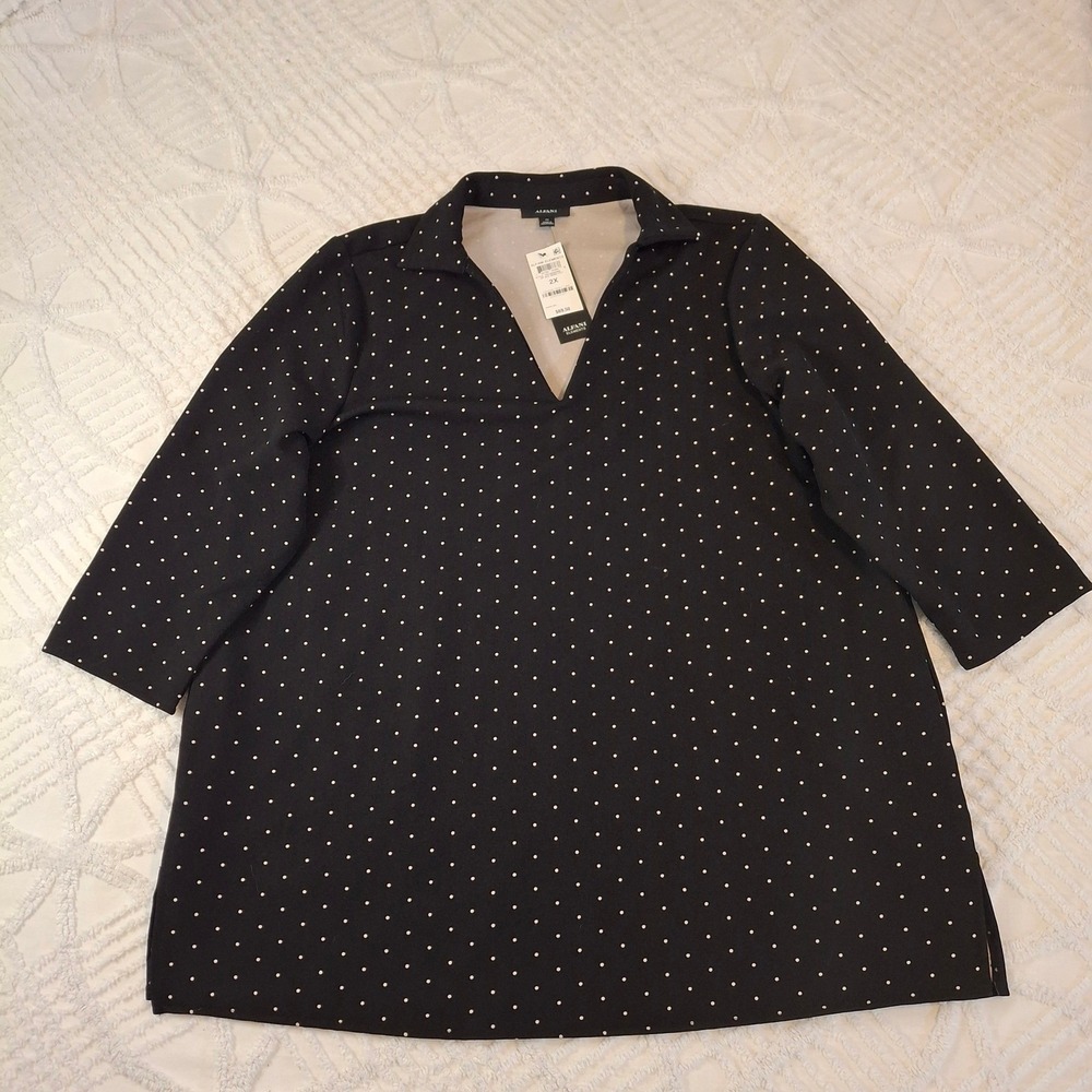 Alfani Women 2X Tunic Top Black White Polka Dot V-Neck 3/4 Sleeve Pockets NWT